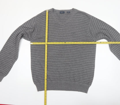 IZOD Men's Grey V-Neck Striped Cotton Jumper L