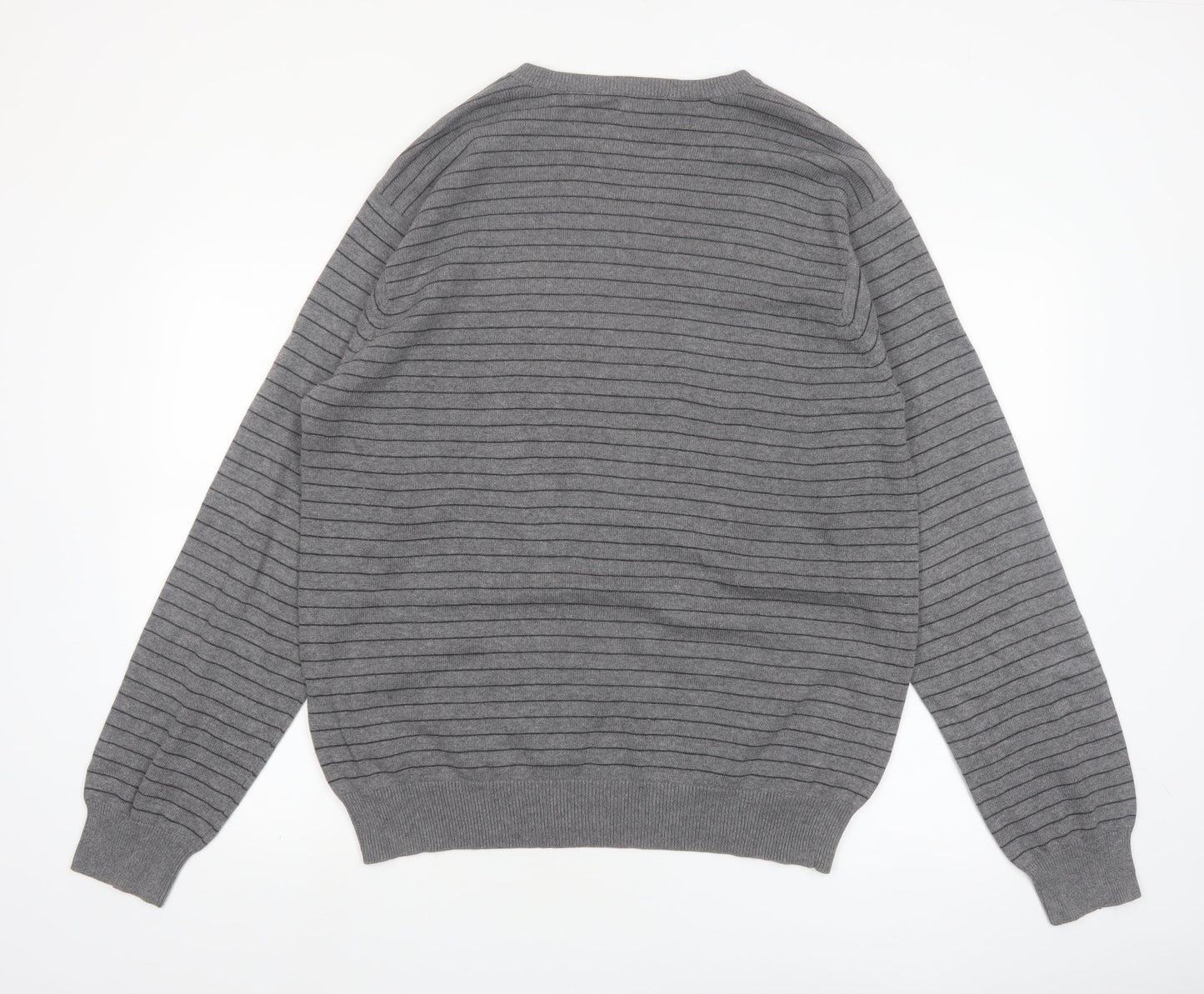 IZOD Men's Grey V-Neck Striped Cotton Jumper L