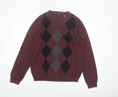 Van Heusen Men's Brown Argyle V-Neck Cotton Jumper Size S