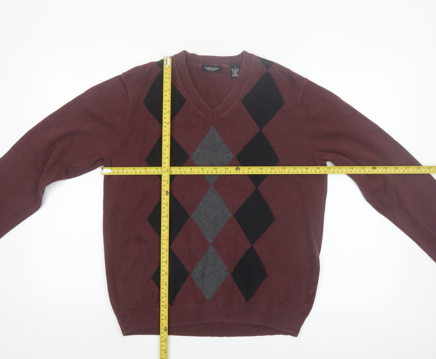 Van Heusen Men's Brown Argyle V-Neck Cotton Jumper Size S