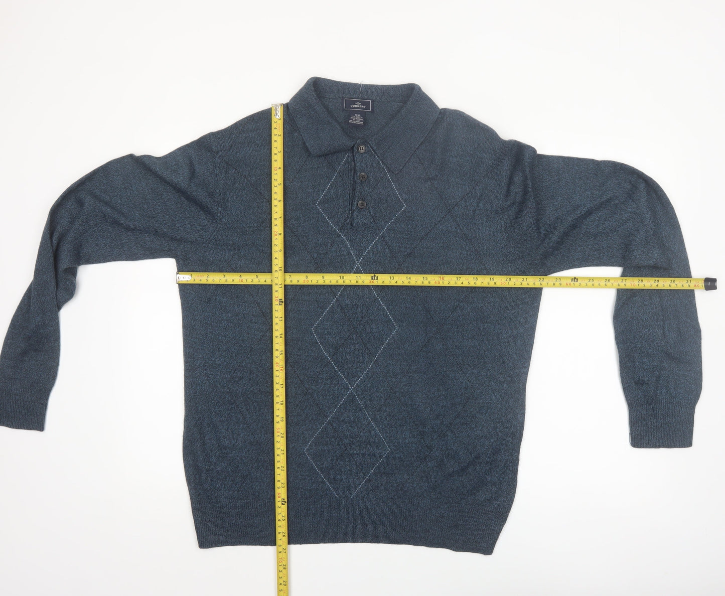 Dockers Men's Blue Argyle Collared Acrylic Henley Jumper Size M