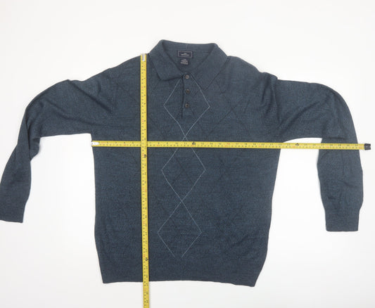 Dockers Men's Blue Argyle Collared Acrylic Henley Jumper Size M