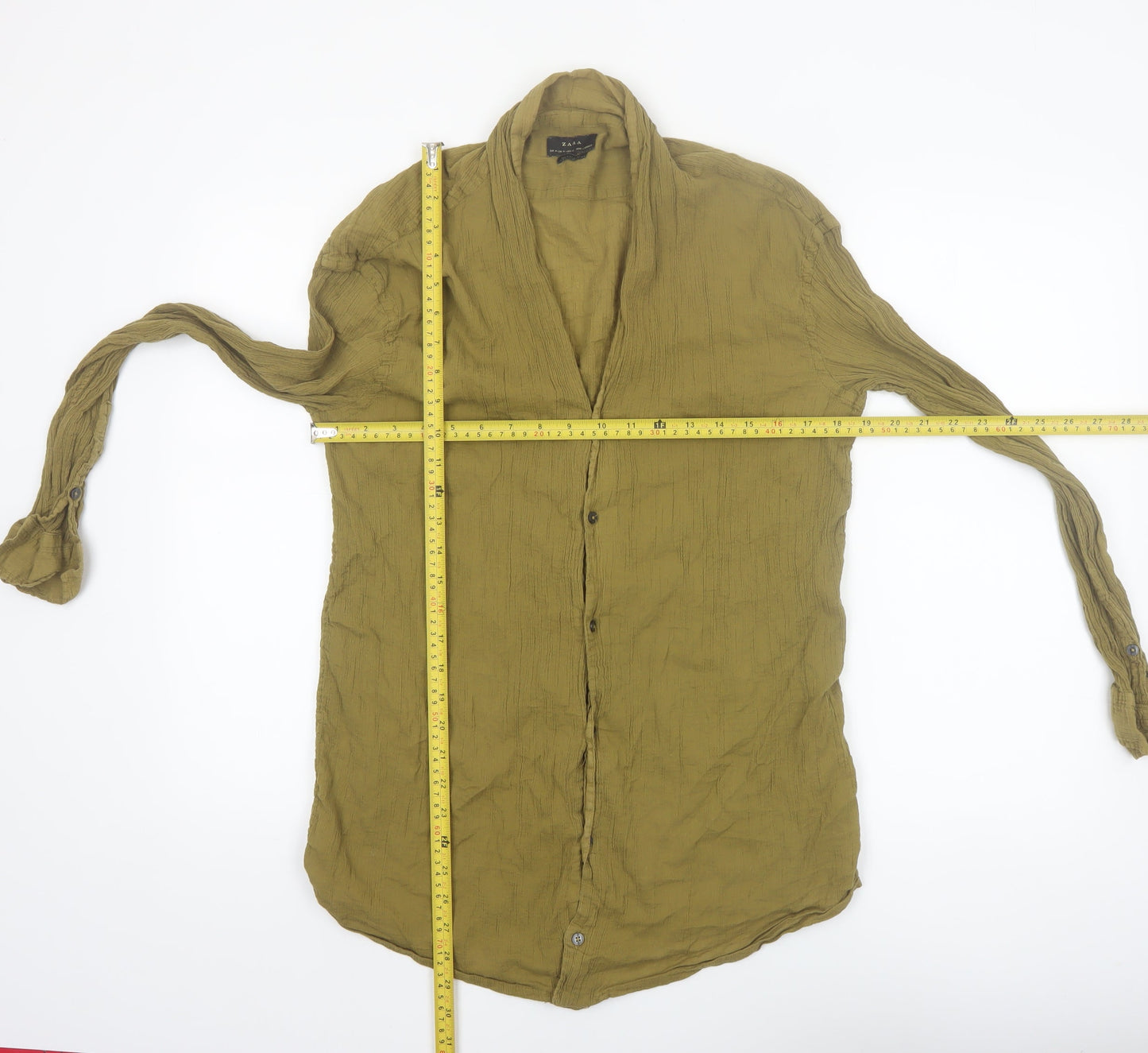 Zara Women Green Long Sleeve Button-Up 100% Cotton Shirt Size 12