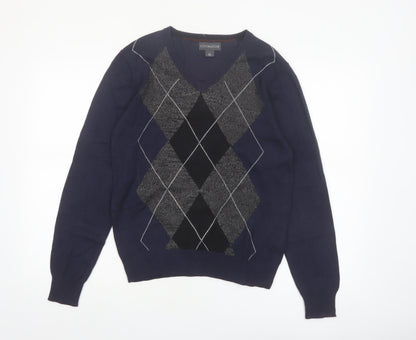 Covington Men's Blue Argyle V-Neck Cotton Blend Jumper Size S