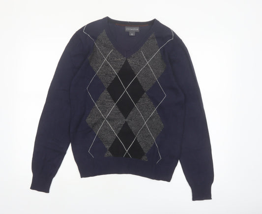 Covington Men's Blue Argyle V-Neck Cotton Blend Jumper Size S
