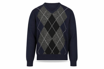 Covington Men's Blue Argyle V-Neck Cotton Blend Jumper Size S