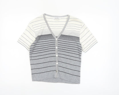 Ever Blue Women Grey White Striped Short Sleeve Cardigan M