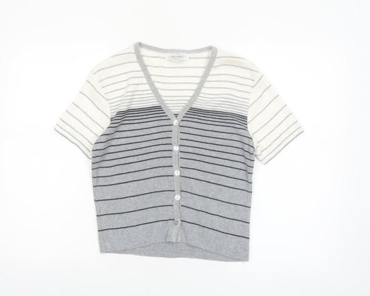 Ever Blue Women Grey White Striped Short Sleeve Cardigan M