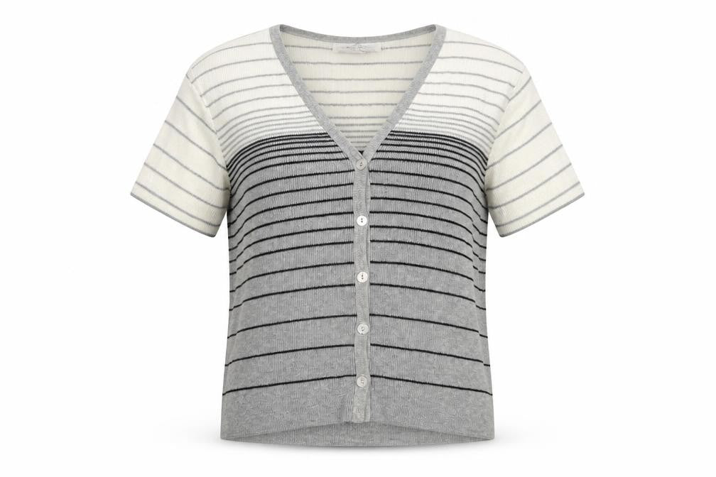 Ever Blue Women Grey White Striped Short Sleeve Cardigan M