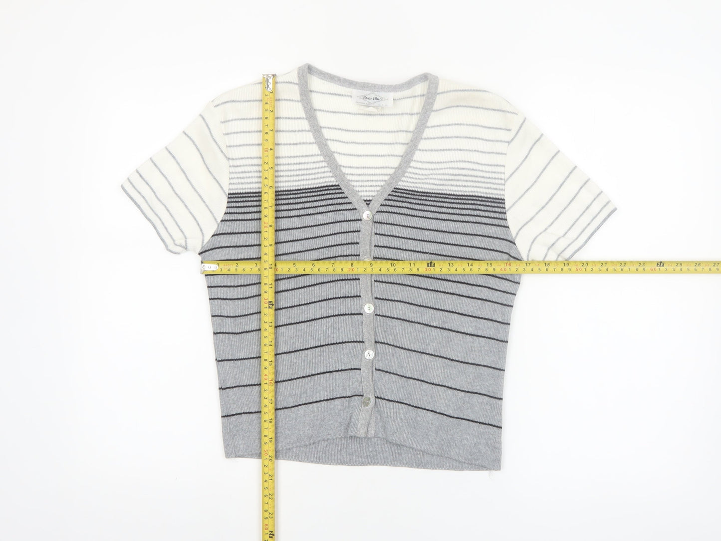 Ever Blue Women Grey White Striped Short Sleeve Cardigan M