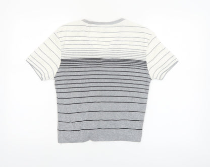 Ever Blue Women Grey White Striped Short Sleeve Cardigan M
