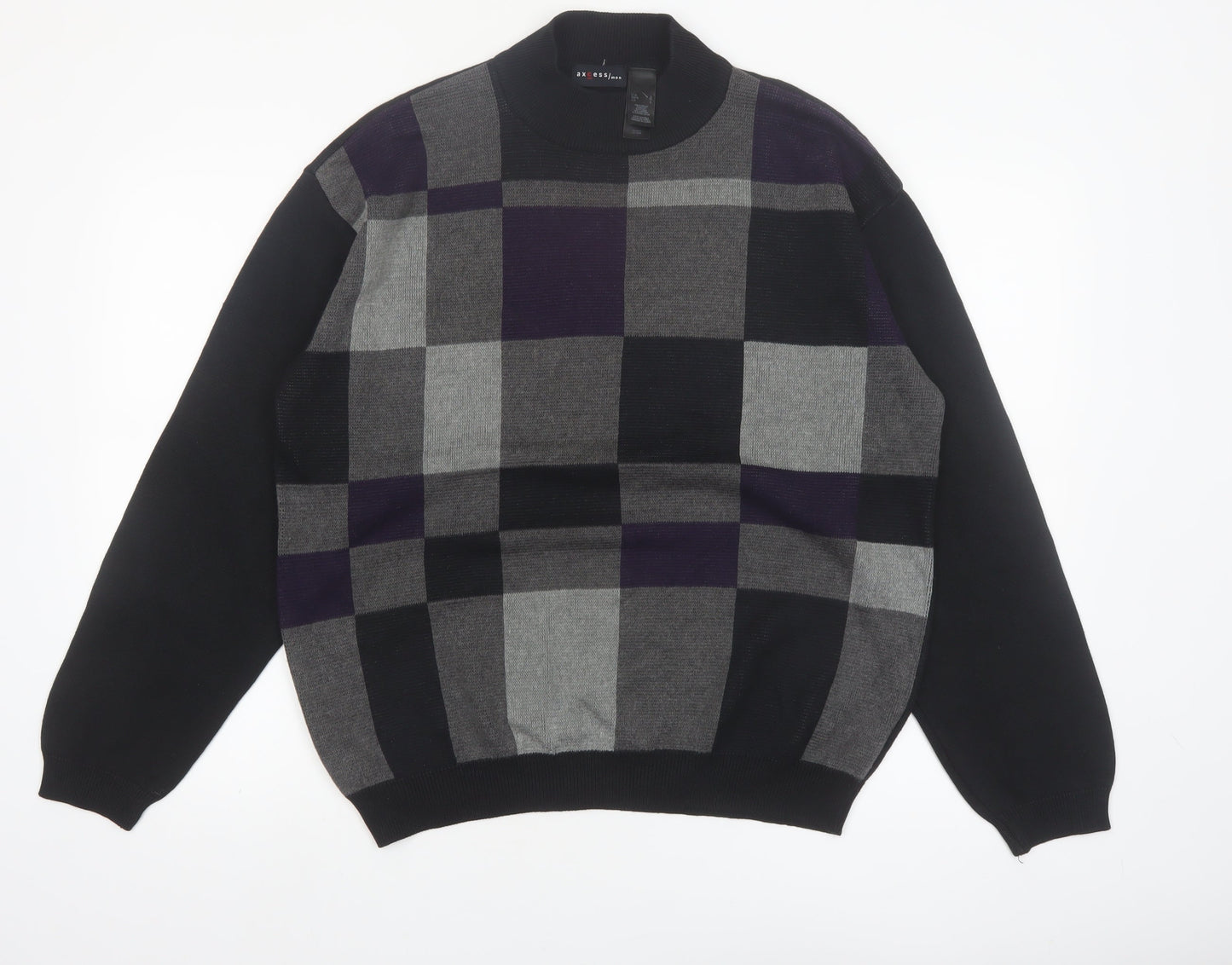 Axcess Men Black Grey Check Acrylic Cotton Crew Neck Jumper L