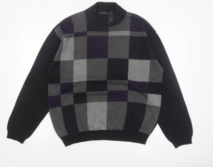 Axcess Men Black Grey Check Acrylic Cotton Crew Neck Jumper L