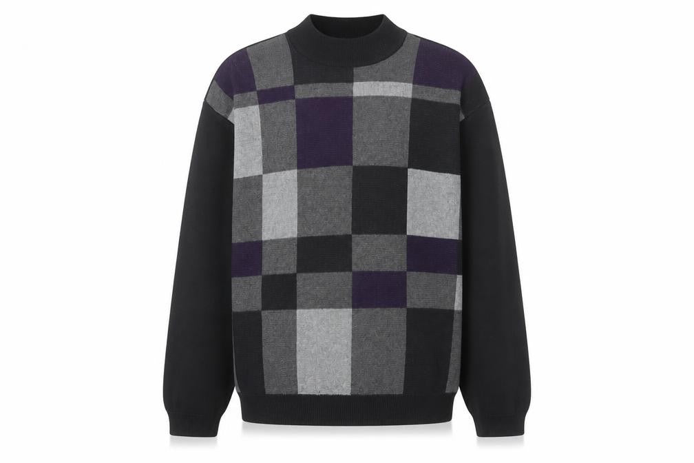 Axcess Men Black Grey Check Acrylic Cotton Crew Neck Jumper L