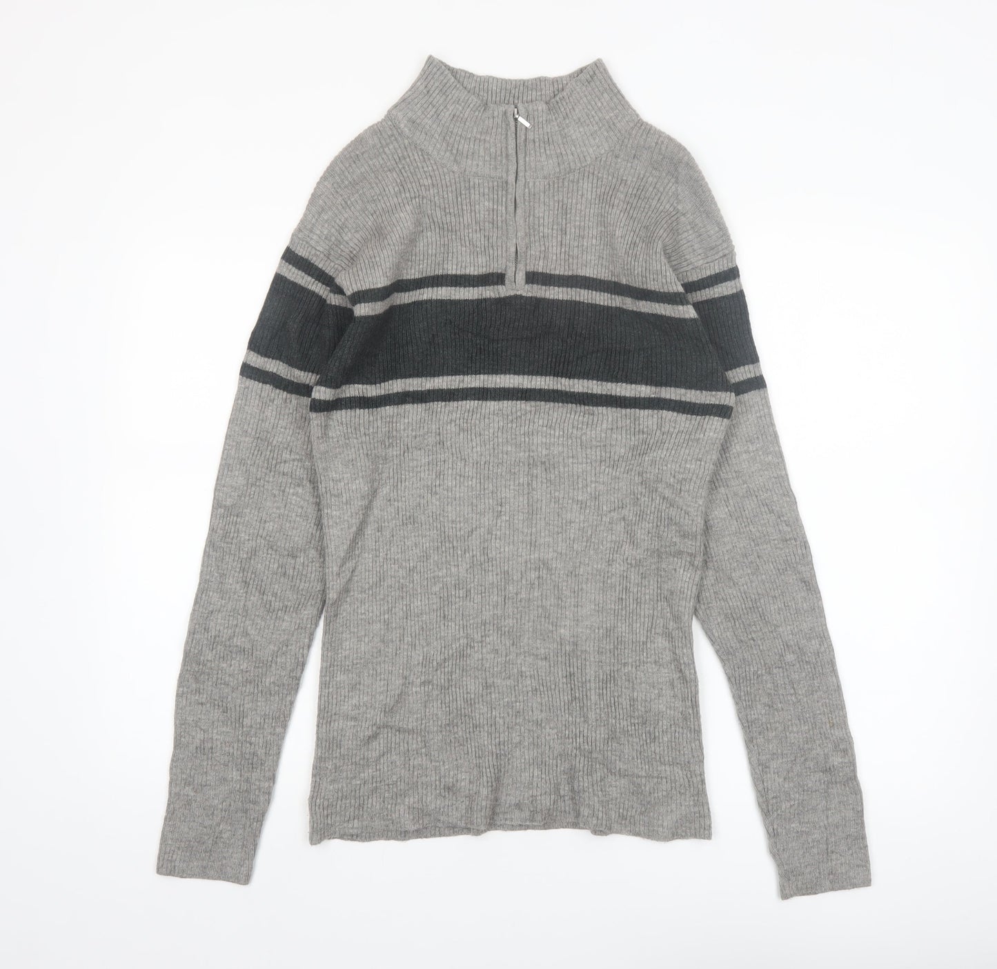 PLUS SUNNY Men's Grey XL Half Zip Ribbed Knit Jumper