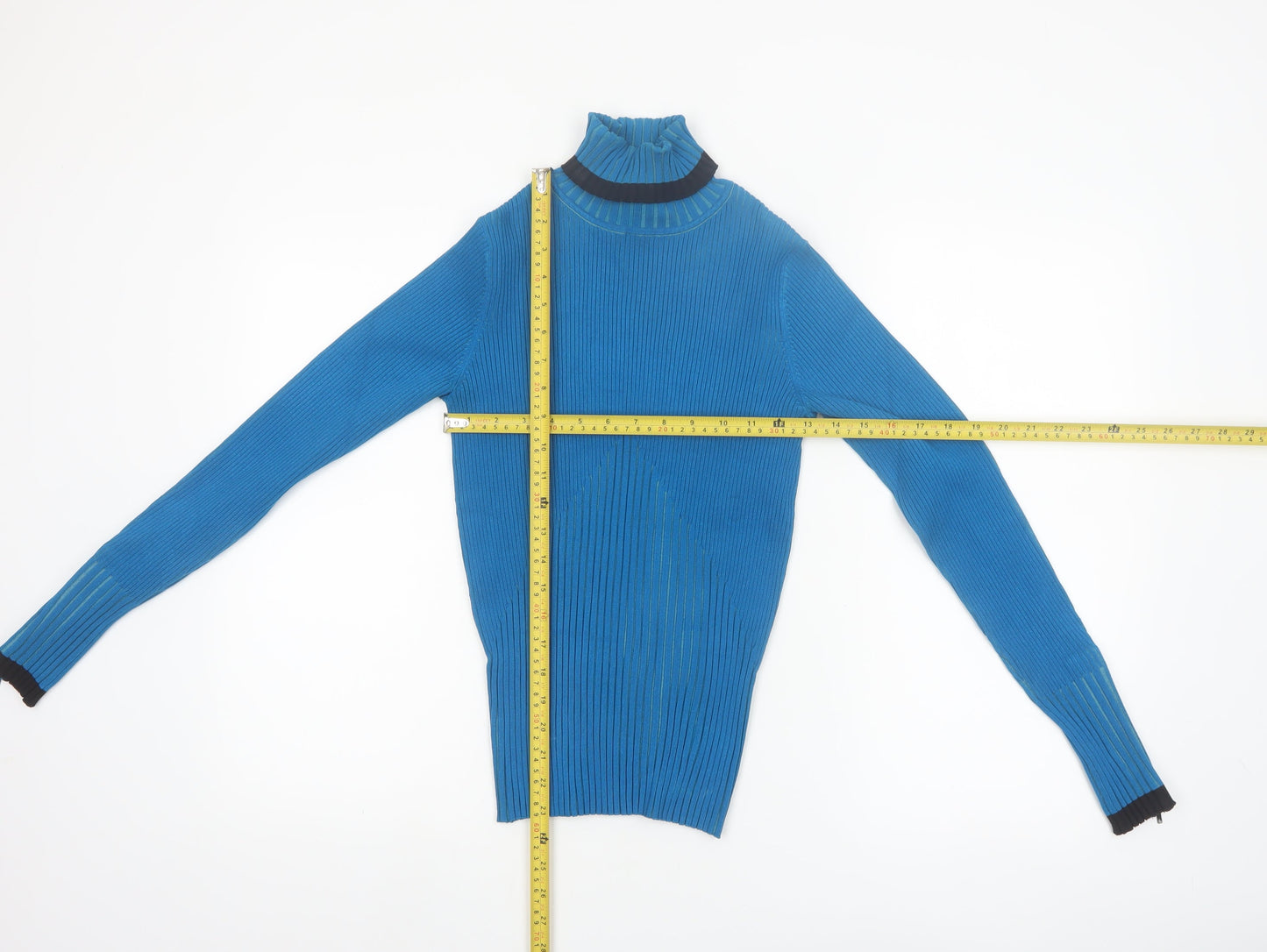 Cache Women Blue Roll Neck Ribbed Silk Blend Jumper Medium