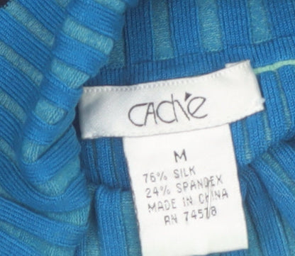 Cache Women Blue Roll Neck Ribbed Silk Blend Jumper Medium