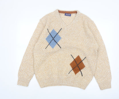 New Look Italy Men's Beige Argyle Wool Blend V-Neck Jumper M