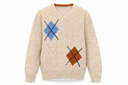 New Look Italy Men's Beige Argyle Wool Blend V-Neck Jumper M