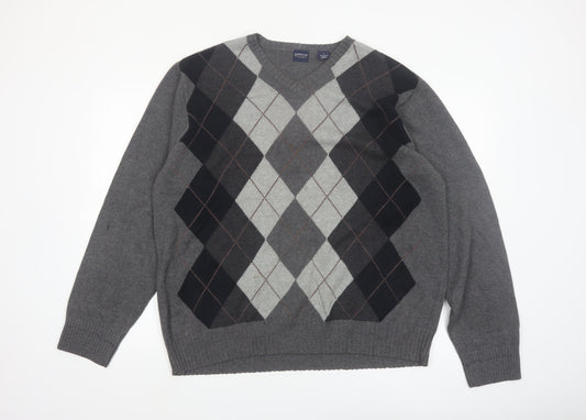 Arrow Men's Grey Argyle V-Neck Cotton Jumper Size L