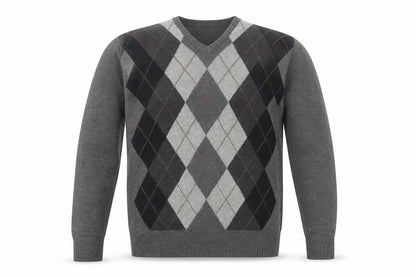 Arrow Men's Grey Argyle V-Neck Cotton Jumper Size L