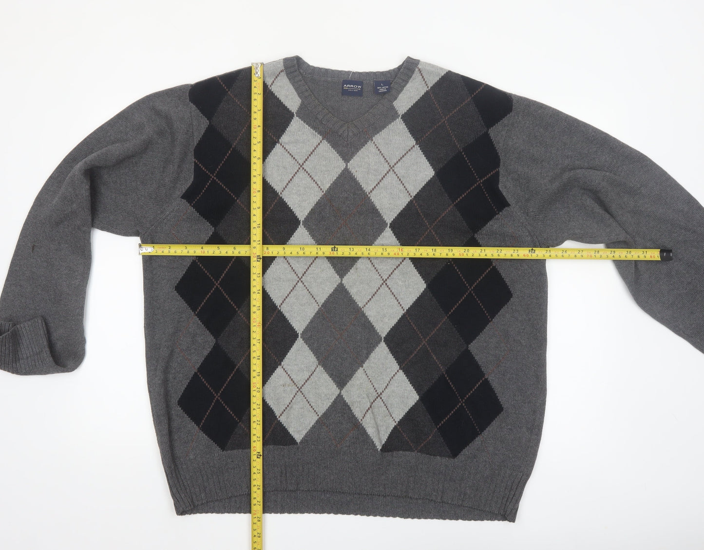Arrow Men's Grey Argyle V-Neck Cotton Jumper Size L