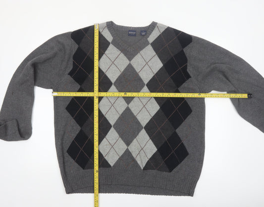 Arrow Men's Grey Argyle V-Neck Cotton Jumper Size L