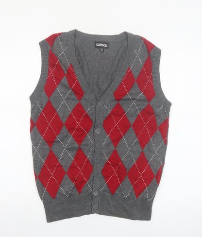 Carbon Men's Grey Red Argyle Knit Sleeveless Cardigan Vest S