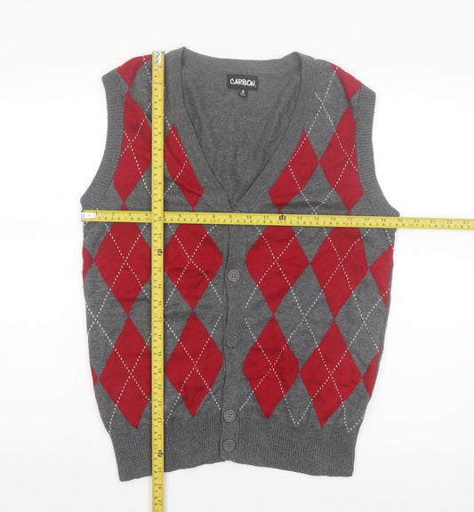 Carbon Men's Grey Red Argyle Knit Sleeveless Cardigan Vest S