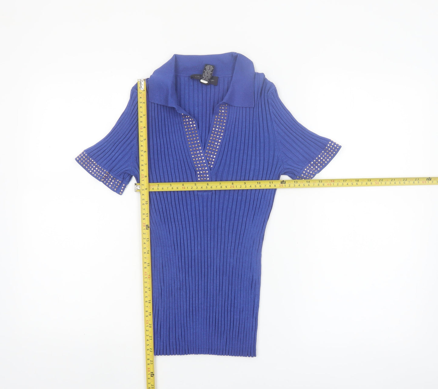 Cable & Gauge Women's Blue Silk Blend Studded Henley Jumper - Size M