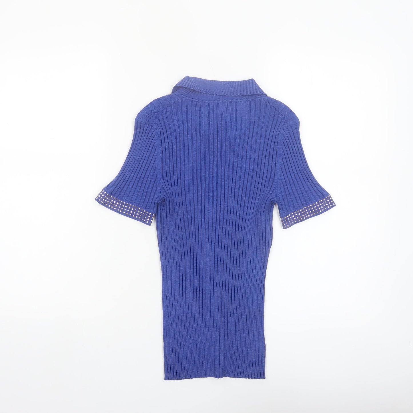 Cable & Gauge Women's Blue Silk Blend Studded Henley Jumper - Size M