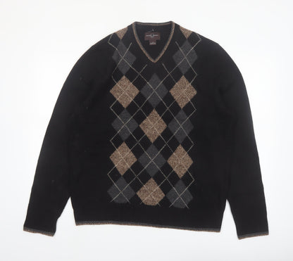 Black Brown 1826 Men's Black Argyle V-Neck Wool Jumper Size L