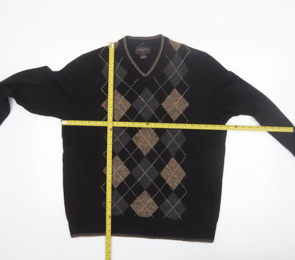 Black Brown 1826 Men's Black Argyle V-Neck Wool Jumper Size L