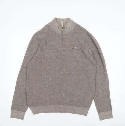 Jean Paul Men Beige L 1/2 Zip Cotton Knit Jumper
