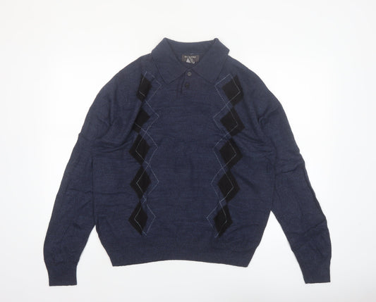 Dockers Men's Blue Argyle Collared Henley Jumper Size M