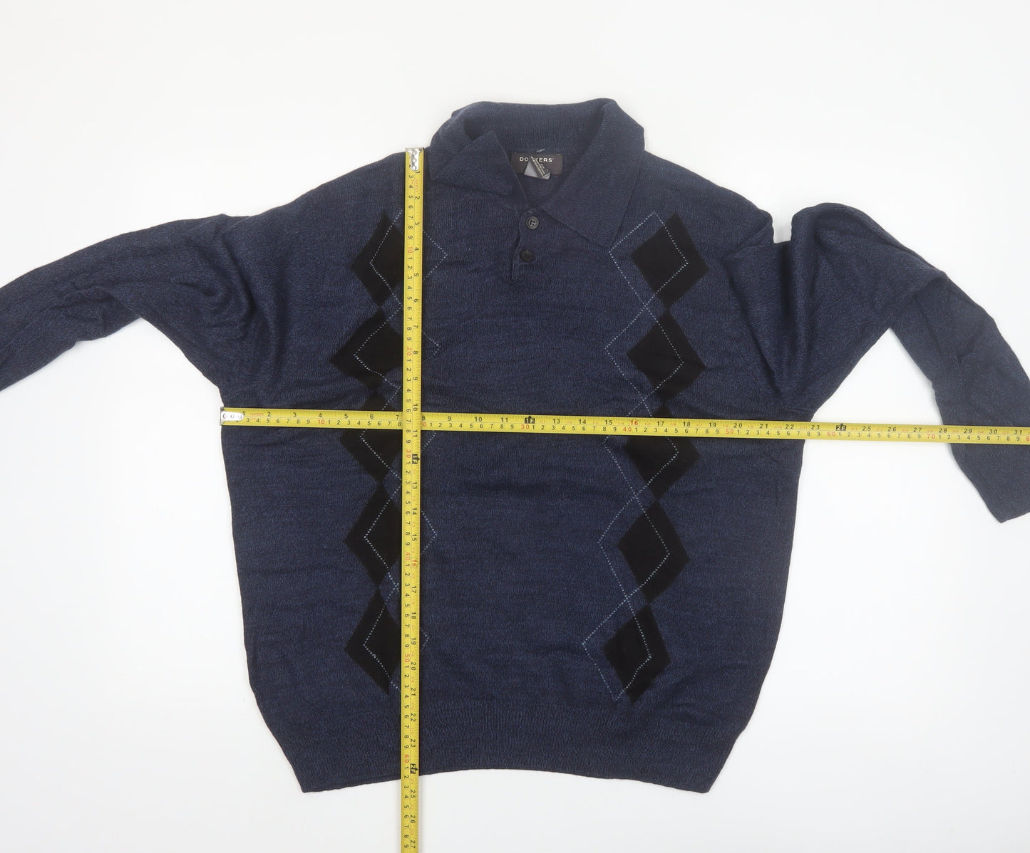 Dockers Men's Blue Argyle Collared Henley Jumper Size M