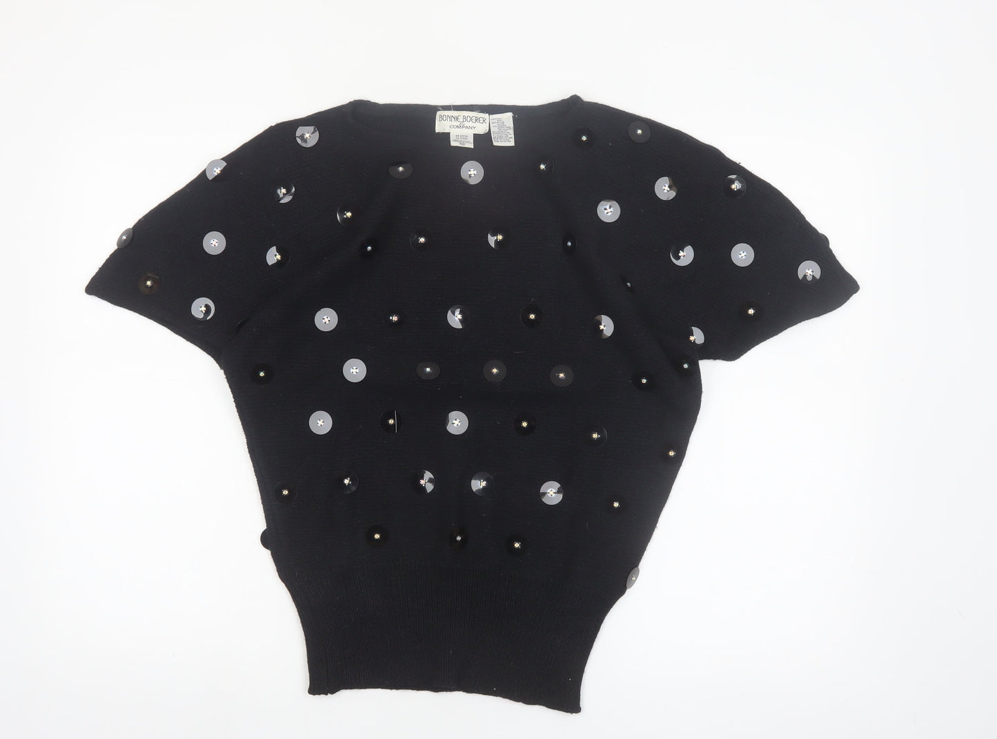 Bonnie Boerer Women Black S Short Sleeve Sequin Silk Angora Jumper