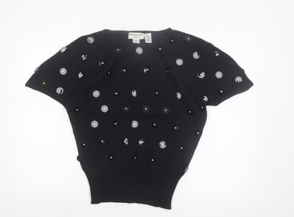 Bonnie Boerer Women Black S Short Sleeve Sequin Silk Angora Jumper