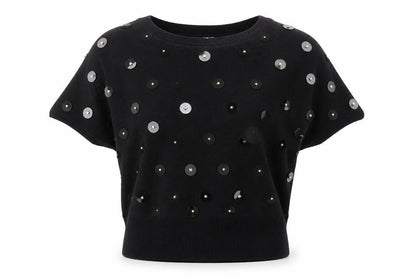 Bonnie Boerer Women Black S Short Sleeve Sequin Silk Angora Jumper