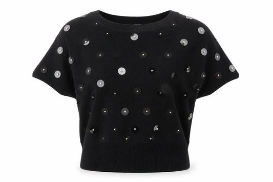 Bonnie Boerer Women Black S Short Sleeve Sequin Silk Angora Jumper