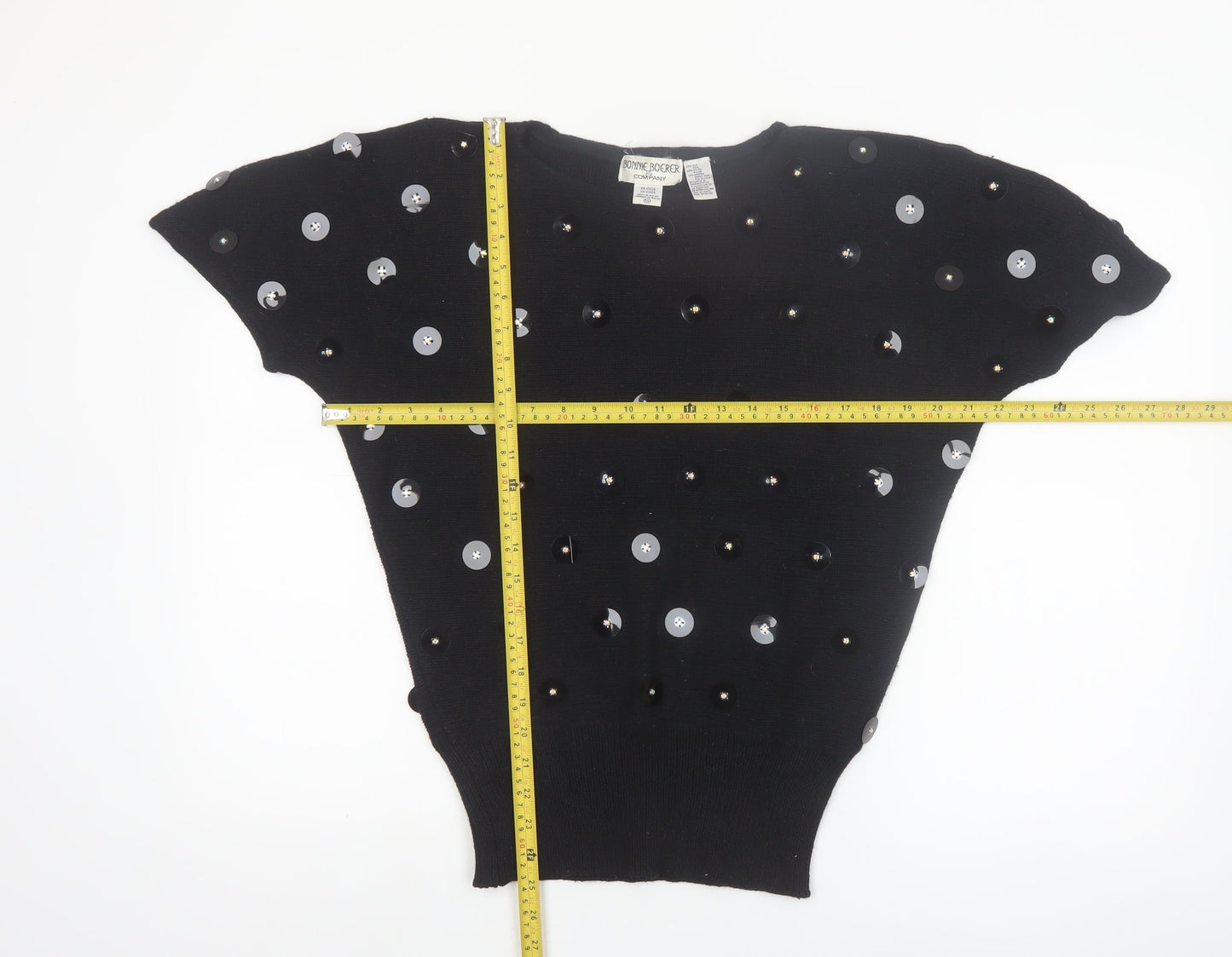 Bonnie Boerer Women Black S Short Sleeve Sequin Silk Angora Jumper