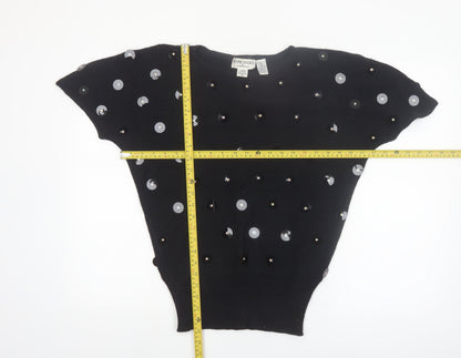 Bonnie Boerer Women Black S Short Sleeve Sequin Silk Angora Jumper