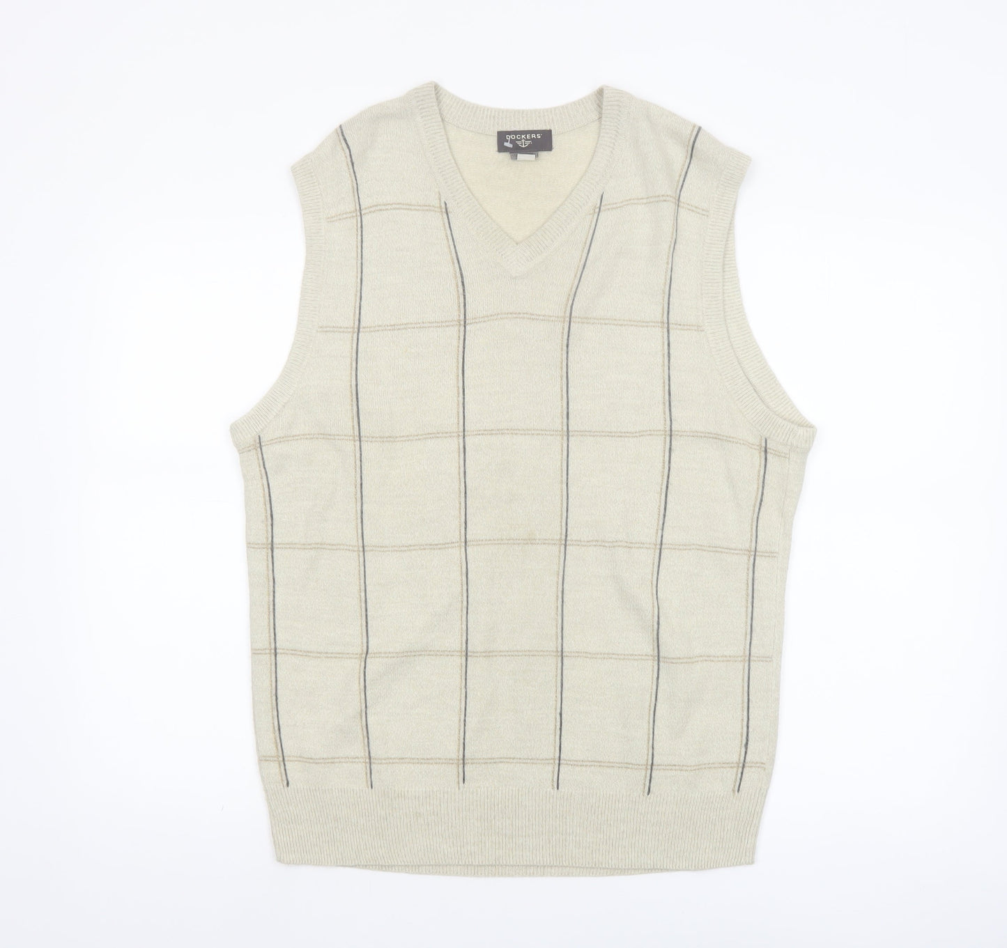 Dockers Men Beige Check Knit Acrylic Sleeveless V-Neck Vest M