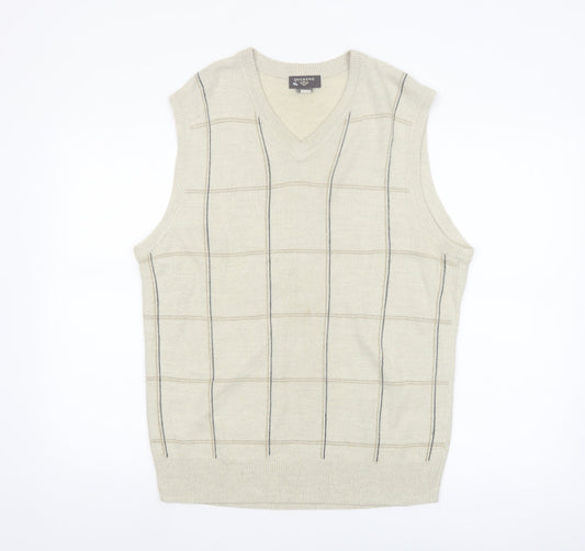 Dockers Men Beige Check Knit Acrylic Sleeveless V-Neck Vest M