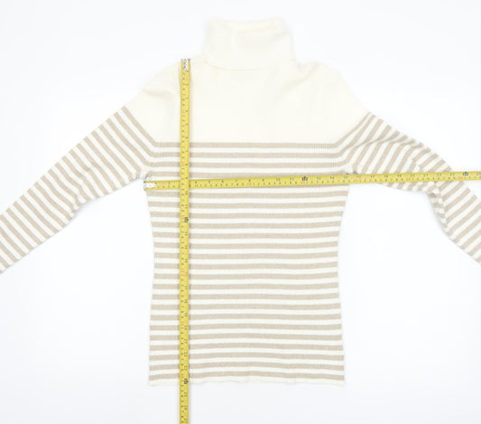Liz Claiborne Women Beige Striped Roll Neck Jumper M Cotton Blend