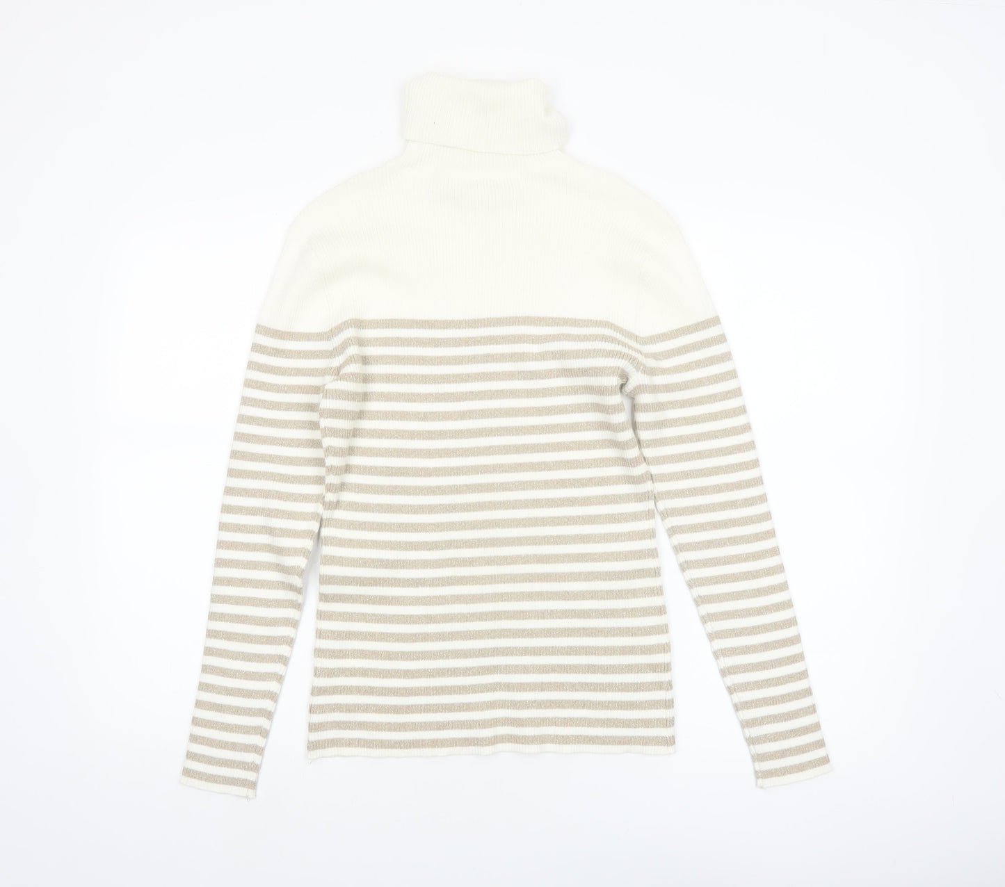 Liz Claiborne Women Beige Striped Roll Neck Jumper M Cotton Blend