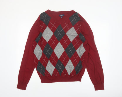 Croft & Barrow Men’s Red Argyle V-Neck Cotton Blend Jumper M