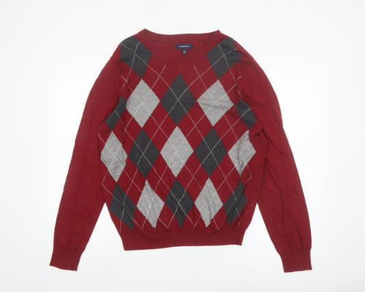 Croft & Barrow Men’s Red Argyle V-Neck Cotton Blend Jumper M