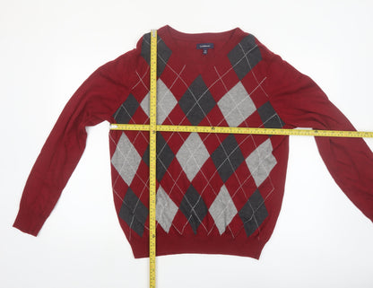 Croft & Barrow Men’s Red Argyle V-Neck Cotton Blend Jumper M
