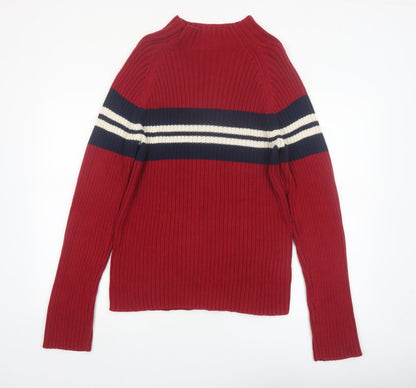 St. John's Bay Men's Red Cotton Ribbed Striped Mock Neck Jumper M
